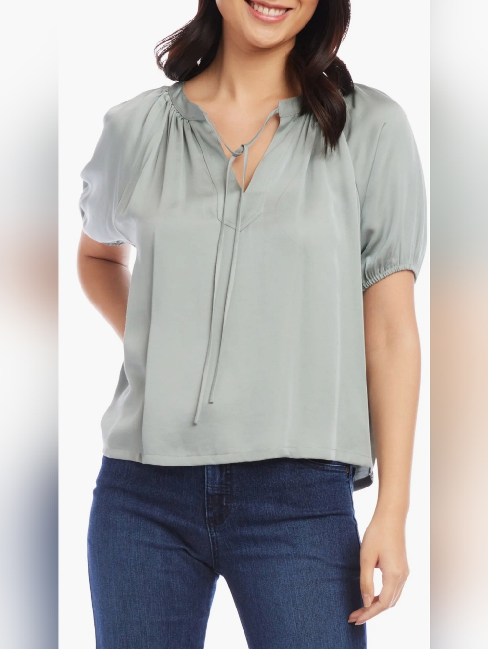 Karen Kane satin tie neck peasant top sage green NWT Retail $128 - XS